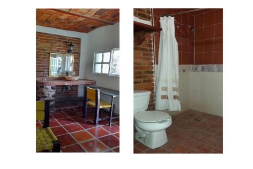 two pictures of a bathroom with a toilet and a sink at Capital O Posada Del Pescador Jocotepec in Chapala