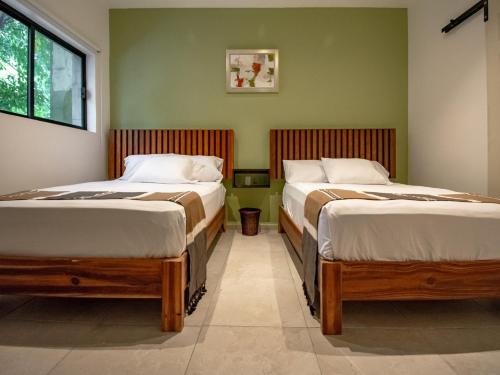 two beds in a room with green walls at Collection O Hotel Lavanda Anzures in Mexico City