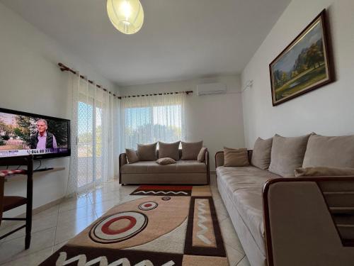 a living room with a couch and a flat screen tv at Bellavista Qerret Apartments in Golem