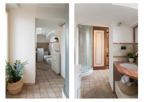 two images of a bathroom with a sink and a toilet at Il nido di Cate in Fossano
