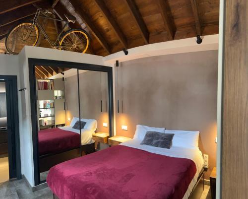 sypialnia z 2 łóżkami i rowerem na suficie w obiekcie Komodo Gran Poder - Penthouse with Private Pool and Cozy twin bedroom central Apartment w Sewilli