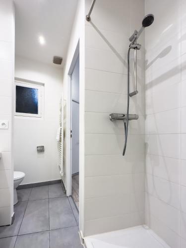 une salle de bain blanche avec douche et toilettes dans l'établissement Le Palais des Guilhem, à Montpellier