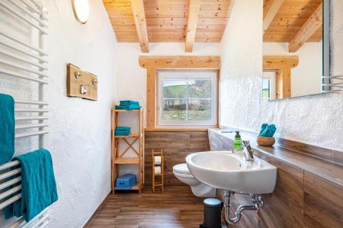 a bathroom with a sink and a toilet at Gästehaus zur alten Mühle in Vöhrenbach