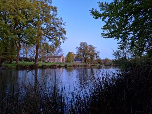 a lake with trees and a house in the background at Domaine de Bobehec - Gîte de groupe, chambres & Salle - jusqu'à 23 couchages - Morbihan proche Vannes et plages in La Vraie-Croix