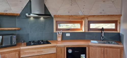 a kitchen with a sink and a stove top oven at Dome with Epic Fjord Views in Puerto Natales