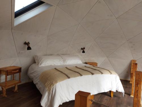 a bedroom with a bed with a large wall at Dome with Epic Fjord Views in Puerto Natales