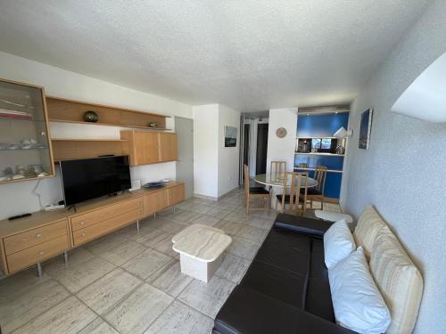 un salon avec un canapé, une télévision et une table dans l'établissement T3 Marina tout inclus- Plage à pied, à Saint Cyprien Plage