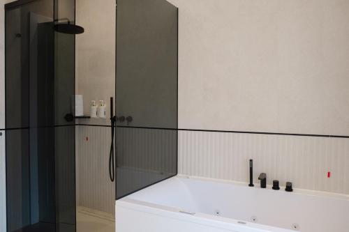 a bathroom with a shower and a mirror at Emme Palace Hotel & Spa in Orvieto