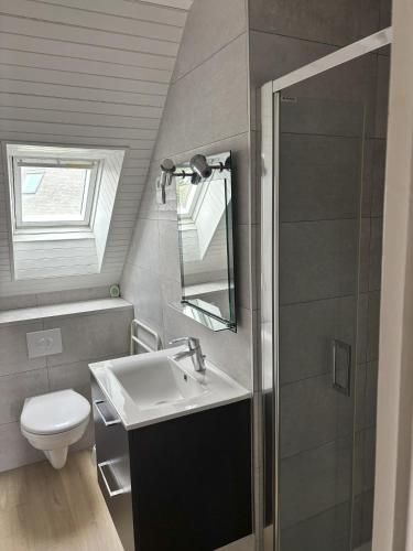 une petite salle de bain avec un lavabo et des toilettes dans l'établissement Studio les Mouettes, à Perros-Guirec