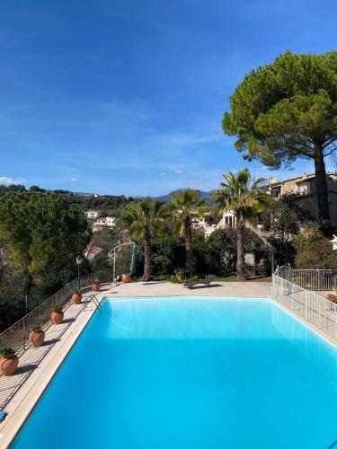 une grande piscine bleue avec des palmiers en arrière-plan dans l'établissement Karine By Terrys Homes, à Villeneuve-Loubet