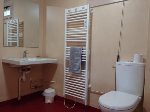 une salle de bain avec toilettes et lavabo dans l'établissement Gîte 20 PMR - Confort et Accessibilité au Cœur du Parc des Volcans d'Auvergne, à Le Claux