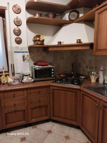 a kitchen with wooden cabinets and a microwave at PUNTO FM Venezia in Venice