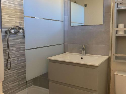 une salle de bain avec un lavabo et un miroir dans l'établissement Studio cosy avec terrasse, parking, proche thermes - Balaruc-les-Bains - FR-1-553-89, à Balaruc-les-Bains