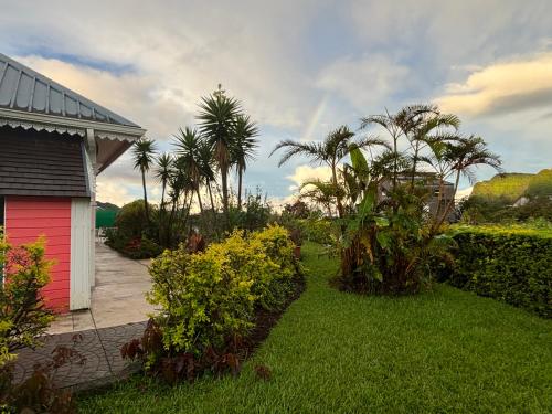 a garden with palm trees and a red garage at L'ECHELLE in La Plaine des Palmistes