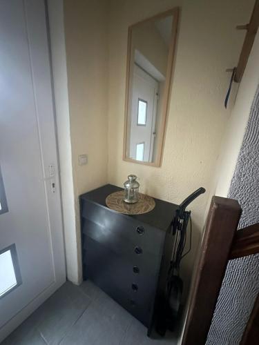 a bathroom with a sink and a mirror at L'Alcôve Alsacienne avec climatisation et terrasse in Entzheim