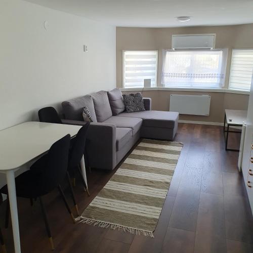 a living room with a couch and a table at Lilla stugan nära Kungsbacka in Fjärås