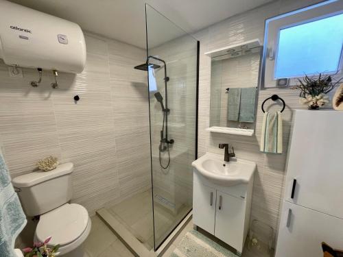 ein Badezimmer mit Dusche, Toilette und Waschbecken in der Unterkunft Sutomore Panorama Studio in Sutomore