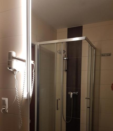 a bathroom with a shower with a phone on the wall at Hotel Landgasthof Hirsch in Marktlustenau
