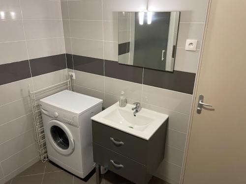 une salle de bain avec une machine à laver et un lavabo dans l'établissement Floor of a house apartment F3, à Cormeilles-en-Parisis