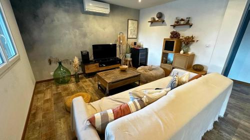 un salon avec un canapé et une télévision dans l'établissement La Villa des Rosiers, à Prades-le-Lez