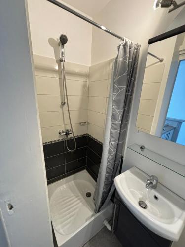 une salle de bain avec douche et lavabo dans l'établissement La Forêt 5, à Mimizan-Plage