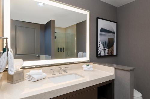 a bathroom with a sink and a large mirror at Hilton Promenade Branson Landing in Branson