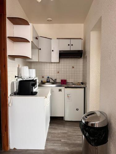 - une petite cuisine avec des placards blancs et un comptoir dans l'établissement Logement chaleureux à 2 pas de la cathédrale, à Clermont-Ferrand