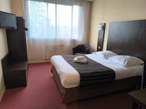 une chambre d'hôtel avec un lit avec une grande fenêtre dans l'établissement Adonis Lyon Est Hôtel Artys, à Saint-Priest