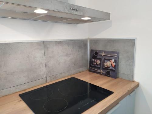 Cette chambre dispose d'une cheminée et d'un tapis noir. dans l'établissement Appartement WILTON, à Dinan