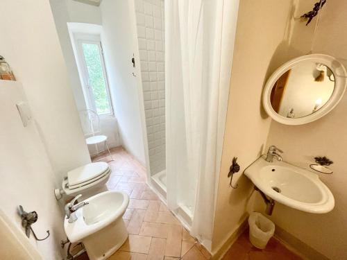a bathroom with a toilet and a sink and a mirror at Adam House - beautiful exc Pool - sleeps 8 in Marzolini