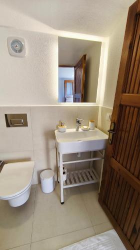 a bathroom with a sink and a toilet and a mirror at Olive Garden Kabak in Faralya