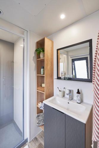 une salle de bain avec un lavabo et un miroir dans l'établissement Mobil-Home 6 à 8 personnes, à Ascou