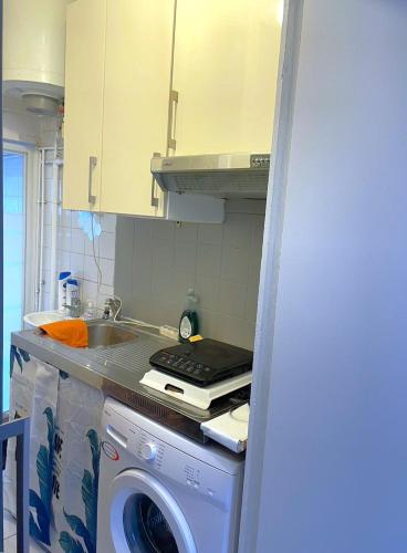 une cuisine avec une machine à laver et un évier dans l'établissement Leaf's home, à Paris