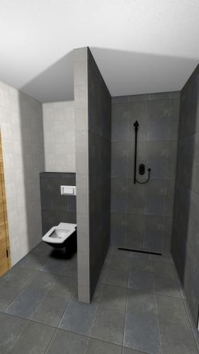 a bathroom with a shower with a toilet in it at Boderhof Apartments in Tux