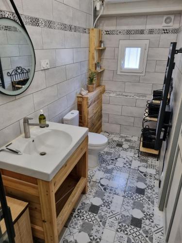 une salle de bain avec un lavabo et des toilettes dans l'établissement Gîte à la ferme Chez Chris, à Bollène