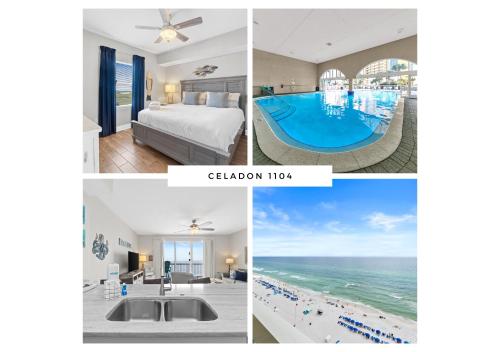 eine Collage aus Fotos eines Hotelzimmers und eines Pools in der Unterkunft Celadon Beach Resort #1104 by Book That Condo in Panama City Beach