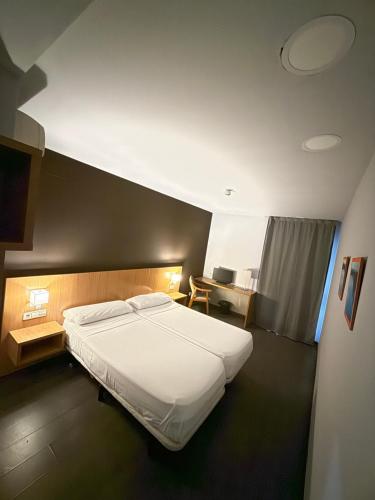 a bedroom with a large bed and a desk at Hostal Mediterranea in Madrid