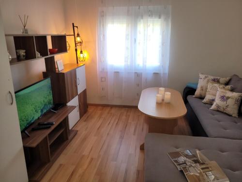 a living room with a couch and a tv at Ferienwohnung Istrien 200m Strand in Fažana