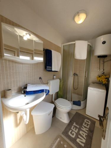 a bathroom with a sink and a toilet and a shower at Ferienwohnung Istrien 200m Strand in Fažana