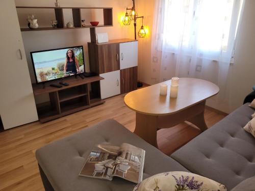 a living room with a couch and a table and a tv at Ferienwohnung Istrien 200m Strand in Fažana