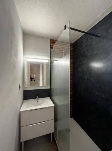 une salle de bain avec un lavabo et une douche en verre dans l'établissement Appartement avoriaz 1800 proche parking, à Avoriaz