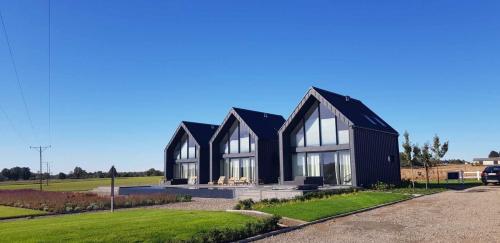 a black house with a black roof at Kameralna Domki in Bystrzyca Nowa