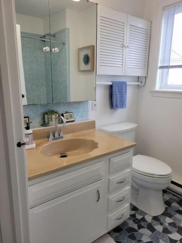a bathroom with a sink and a toilet at Waterfront Salt Pond House, water view and dock in Charlestown