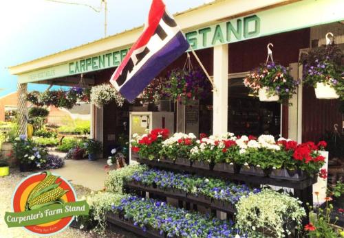 a flower shop with an american flag in front of it at Waterfront Salt Pond House, water view and dock in Charlestown