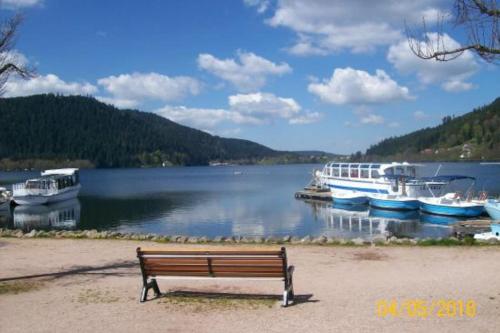 a bench sitting next to a body of water with boats at Chalet T3 with garden in Xonrupt-Longemer in Xonrupt-Longemer