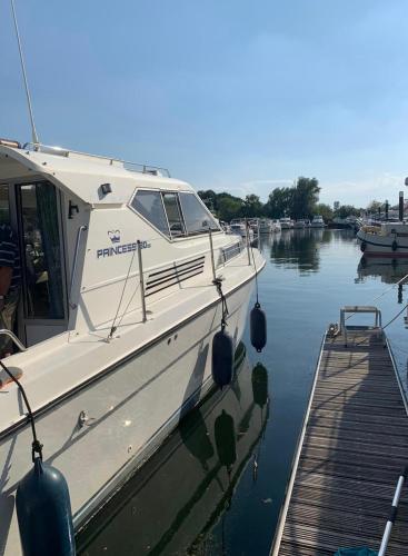 a boat is docked at a dock in the water at The River Thames - Surrey Boat in Thorpe