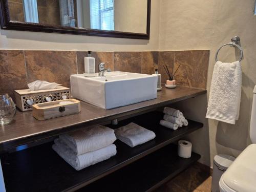 Un baño con un lavabo y toallas en un estante. en Mistys Studio Durbanville, en Durbanville