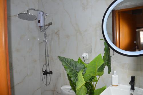 a bathroom with a shower with a plant next to a sink at Aqua Mare Sea Side Rooms in Nea Kalikratia