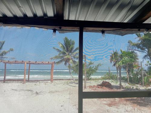 a view of a beach with palm trees and the ocean at La cabaña del pescador in Tócuaro