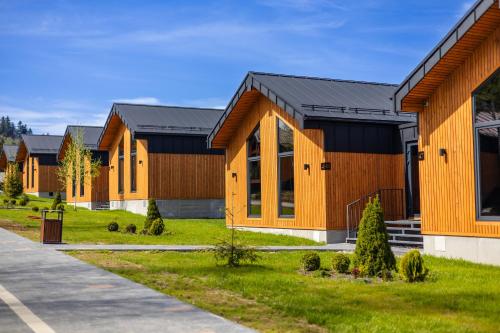 a row of wooden houses with a green yard at Phoenix Medical Resort in Skhidnitsa